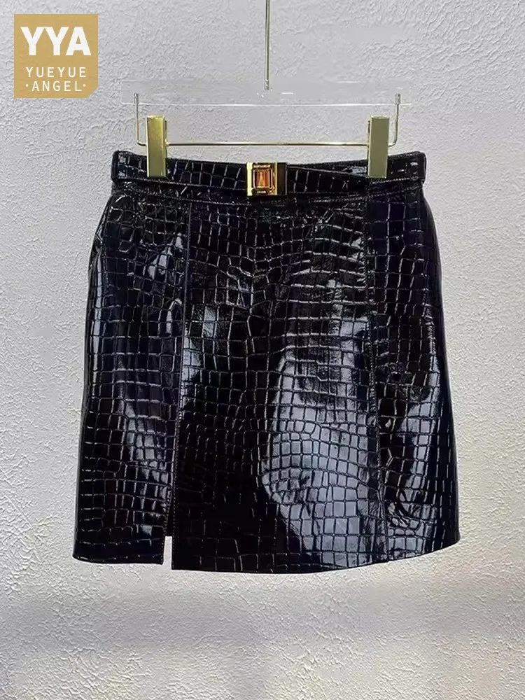 Sexy Women Patent Leather Crocodile Pattern Slim Fit Mini Wrap Skirt Split Lady Nightclubwear High Quality Genuine Leather Skirt