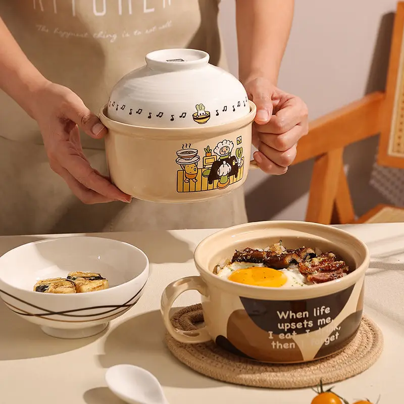 Fun Instant Noodle Bowl High-value with Cover Bowl Office Workers Large-capacity Instant Soup Cup Household Ceramic Bowl
