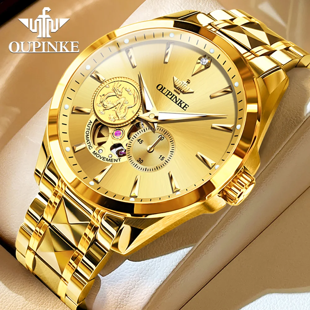 OUPINKE 3260 Real Gold Real Diamond Watch for Men Golden Dragon Skeleton Luxury Watch Automatic Mechanical Men's