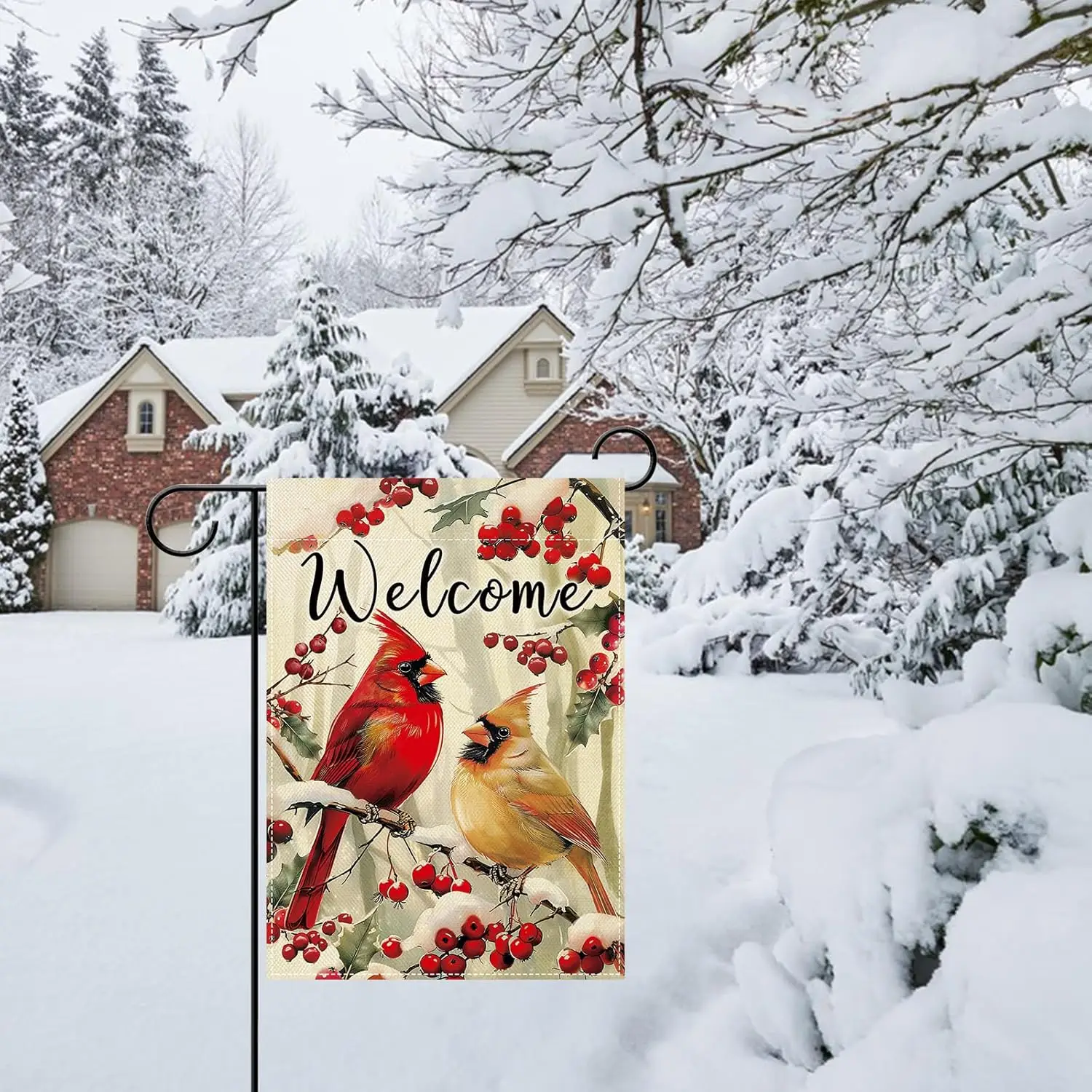 Artofy Welcome Winter Cardinal Small Decorative Garden Flag, Snowy Red Birds Holly Berry Branches Yard Lawn Outside Decor, C WWP