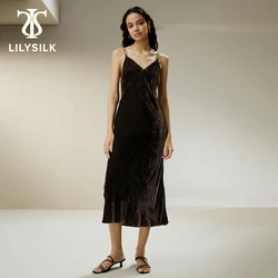 LILYSILK Velvet Dress for Women 2023 Fall New Chian Strap V Neck Vintage Robe Elegant Luxury Party Clothing Traf Free Shipping