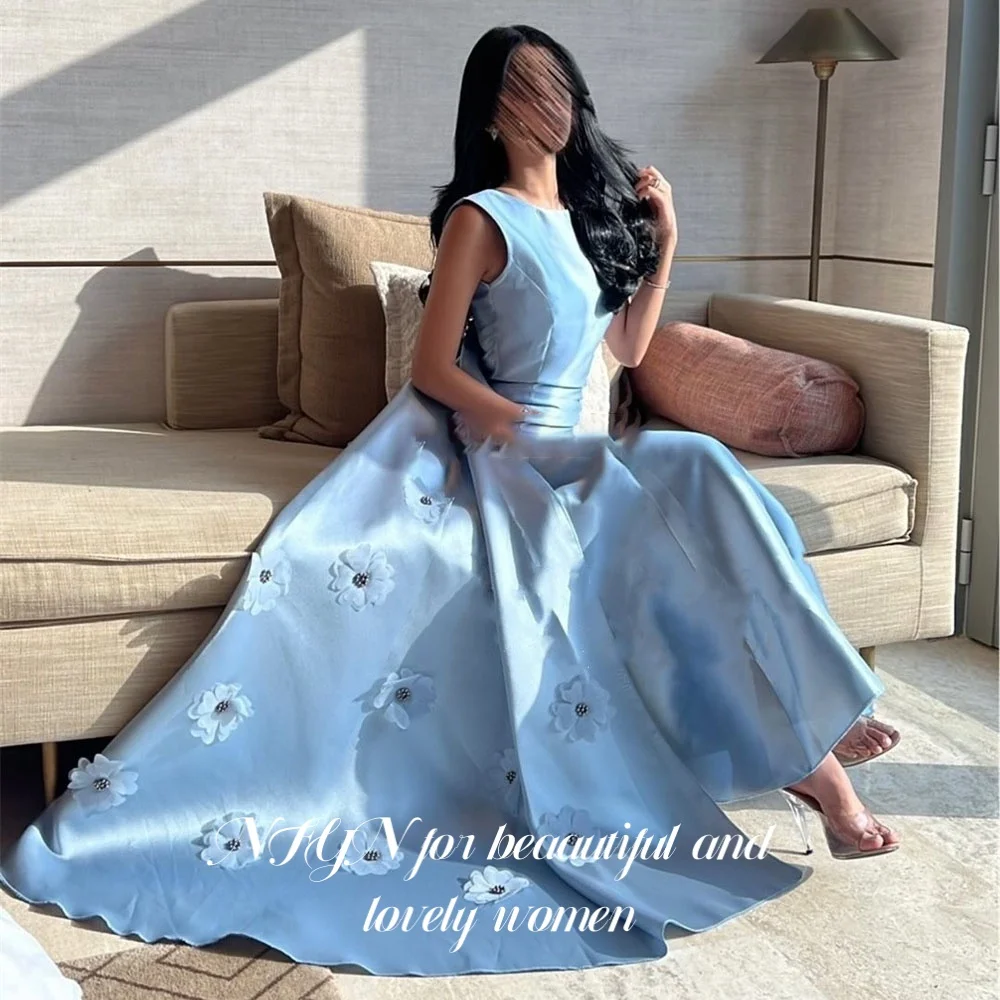 

NFYN Sky Blue Party Gown Luxury O-Neck Evening Dress Pearls A-Line Sexy Sleeveless Appliques Prom Dresses robe de bal Customized