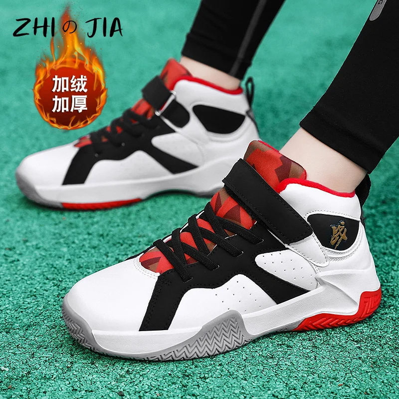 Winter New Children\'s Plush Basketball Shoes Outdoor Anti Slip Durable Warm Sneaker Boys Fashion Casual Matching Footwear 31-39