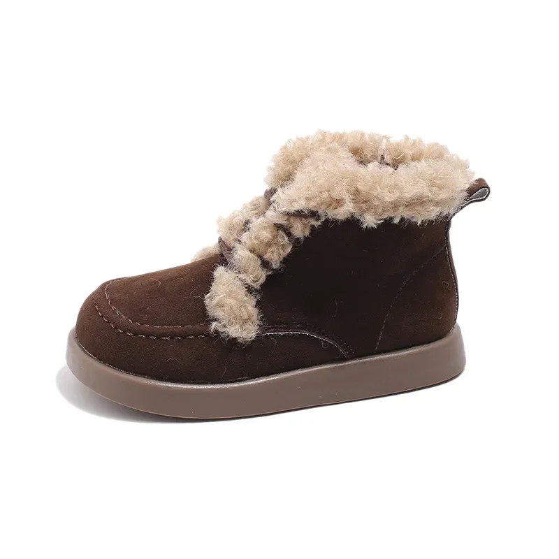 Botas de cuero de felpa para niños y niñas, zapatos cálidos, versátiles, estilo coreano, fondo suave, antideslizantes, novedad de invierno 2024