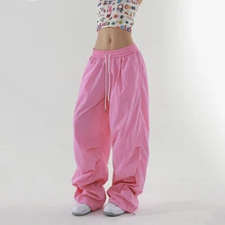 Würziges Mädchen weites Bein Arbeits hose Frauen Sommer dünn schnell trocknend solide hohe Taille Kordel zug Taschen lose gerade Freizeit hose