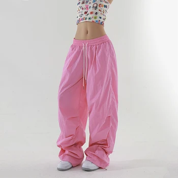 Spicy Girl-pantalones de trabajo de pierna ancha para mujer, pantalón informal de secado rápido, liso, de cintura alta, con Bolsillos y cordón, holgado y recto, de verano