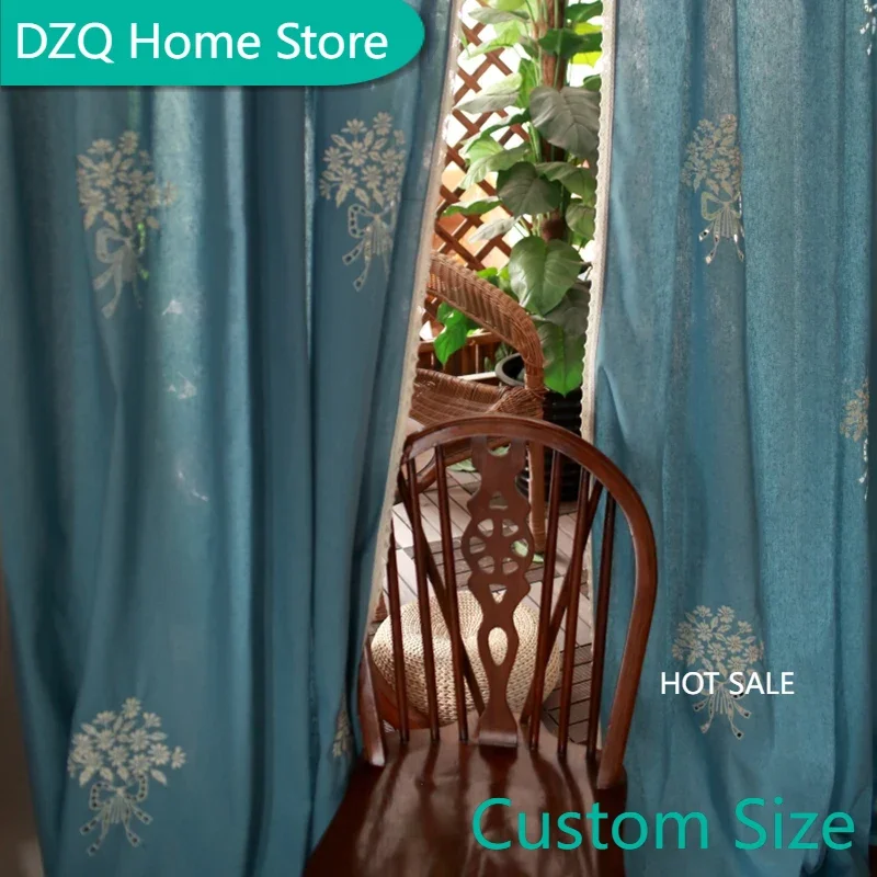 

American Country Style Blue Embroidery Blackout Curtains 100% Cotton Linen Hand Crochet Lace Window Drapes for Ling Room Bedroom
