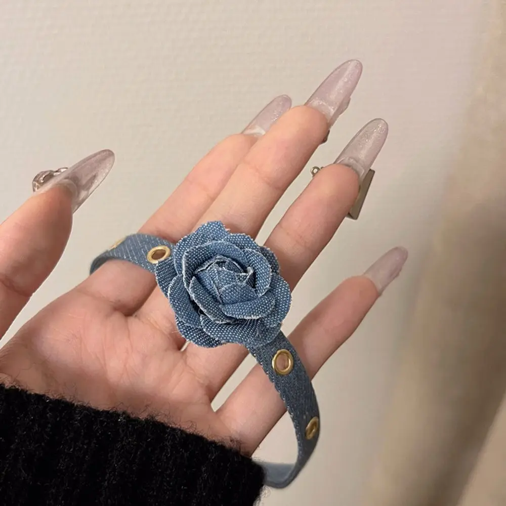 Big Rose Flower Trend Choker Denim Necklace Adjustable Clavicle Chain Y2K Style Collarbone Chain Women Jeans Cloth Necklace