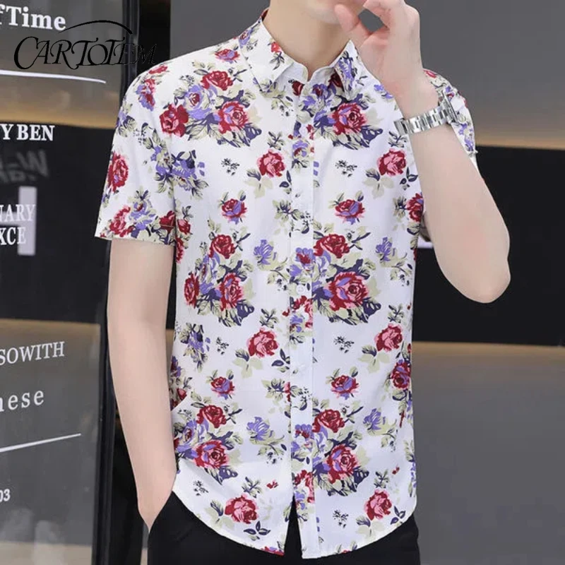

New Shirt Short-sleeved Summer Casual Men's Slim Middle-aged and Young Thin Ice Silk Korean Floral Shirt Top