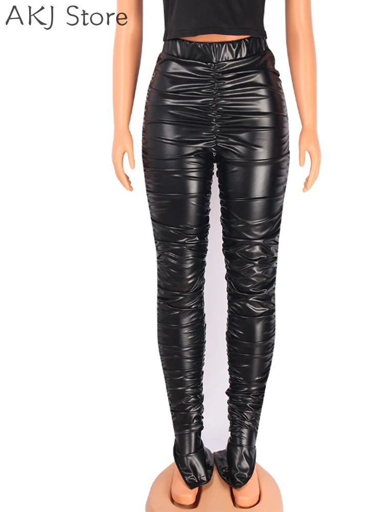 Damskie spodnie z elastyczną talią, modne, marszczone spodnie z PU