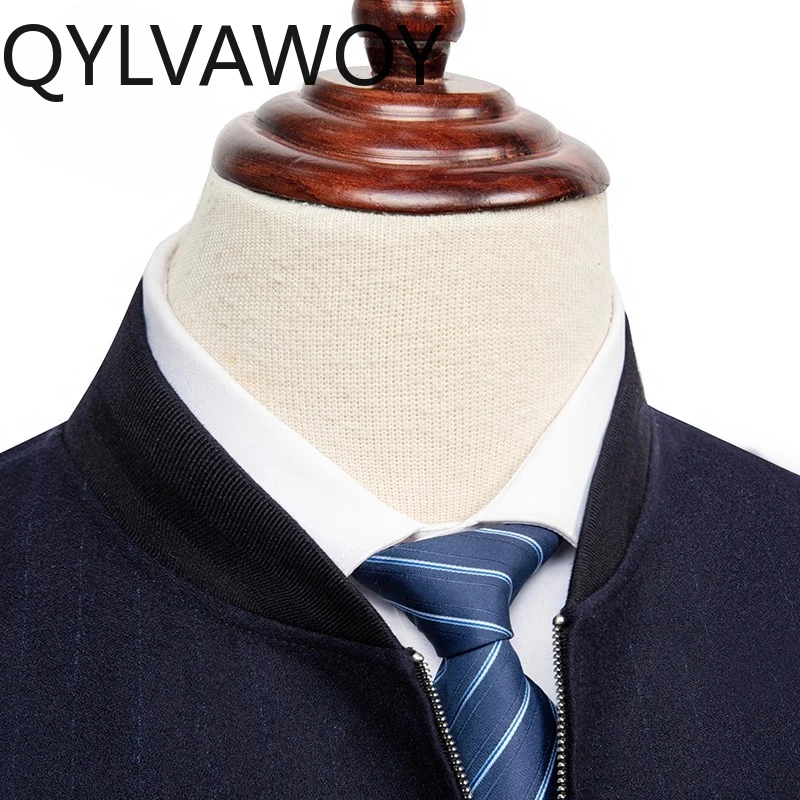 QYLVAWOY 70% الصوف الرجال الفاخرة الصوف تنوعا البريدي قصيرة الأكمام الحكومة ملابس خارجية البيسبول طوق رقيقة سترة LJ2118