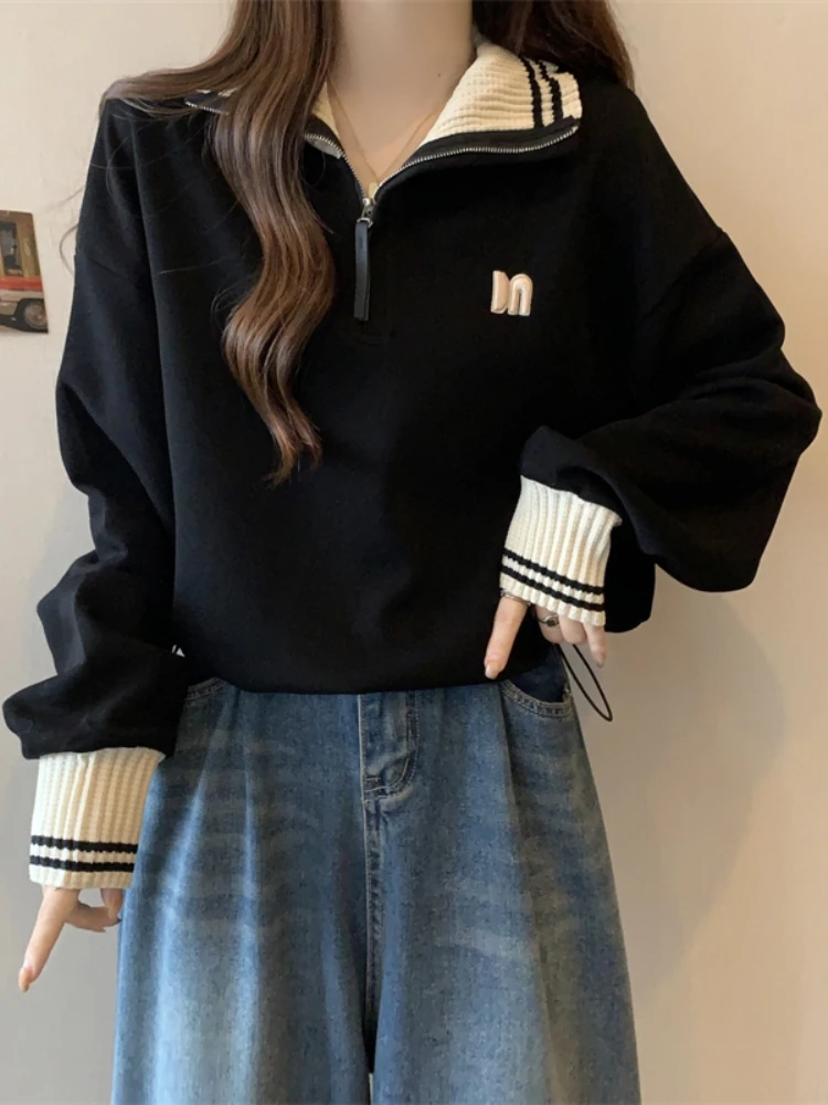 American Style Women's Hoodie Half Zip Drawstring Base Layer Shirt for plus Size Slimming Short Style Spring Autumn