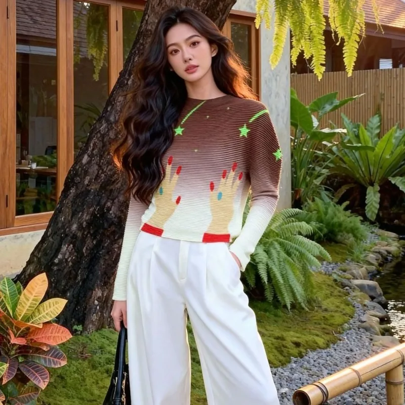 

Женская плиссированная футболка Miyake, новинка весны 2026, тонкая блузка с длинными рукавами и внутренней полувысокой шеей, тонкая эластичная нижняя рубашка, одежда