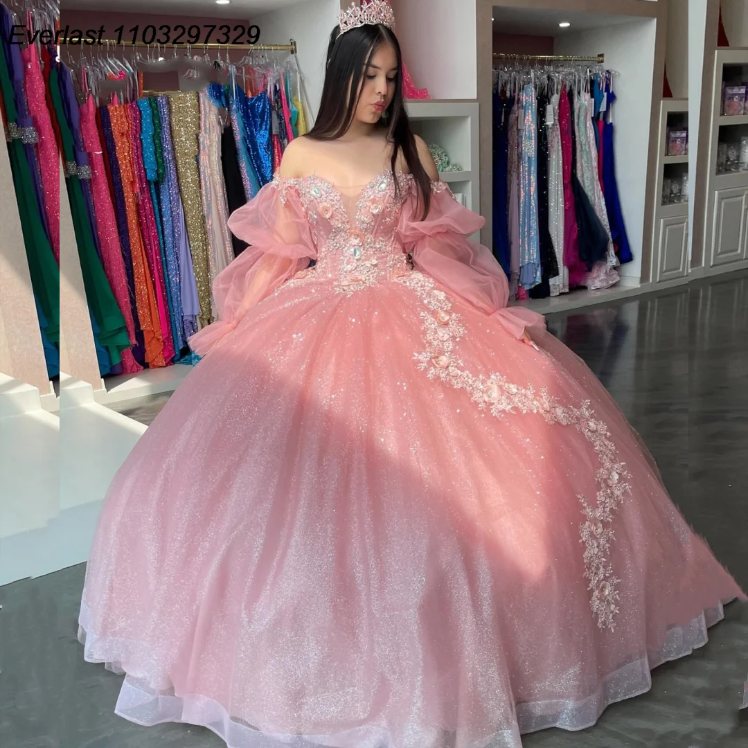 EVLAST-Robe de Quinceanera à manches longues rose brillant, robe de Rh, appliques perlées, corset à paillettes, Sweet 16, QD1015