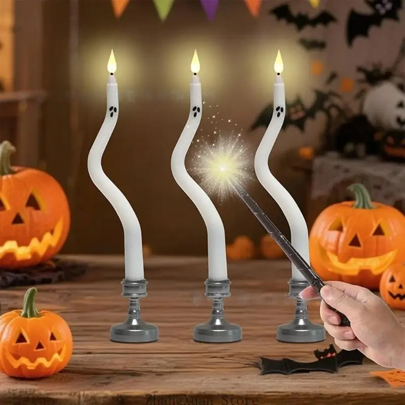 Led Flickering Ghosty Halloween Flameless Taper White Character Light Set of 4, Plastic Battery Operated Set for Shelf, Table