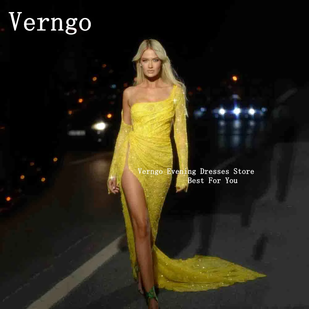 

Verngo Yellow Sequined Prom Gowns Formal Beads One Shoulder Mermaid Evening Dress Sexy High Side Slit Party Dress