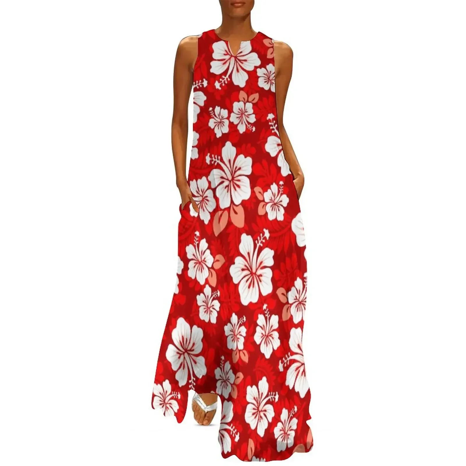 

Hawaiian Aloha Shirt Pattern —Red Long Dress women long dresses summer dress daily prom dress Beachwear