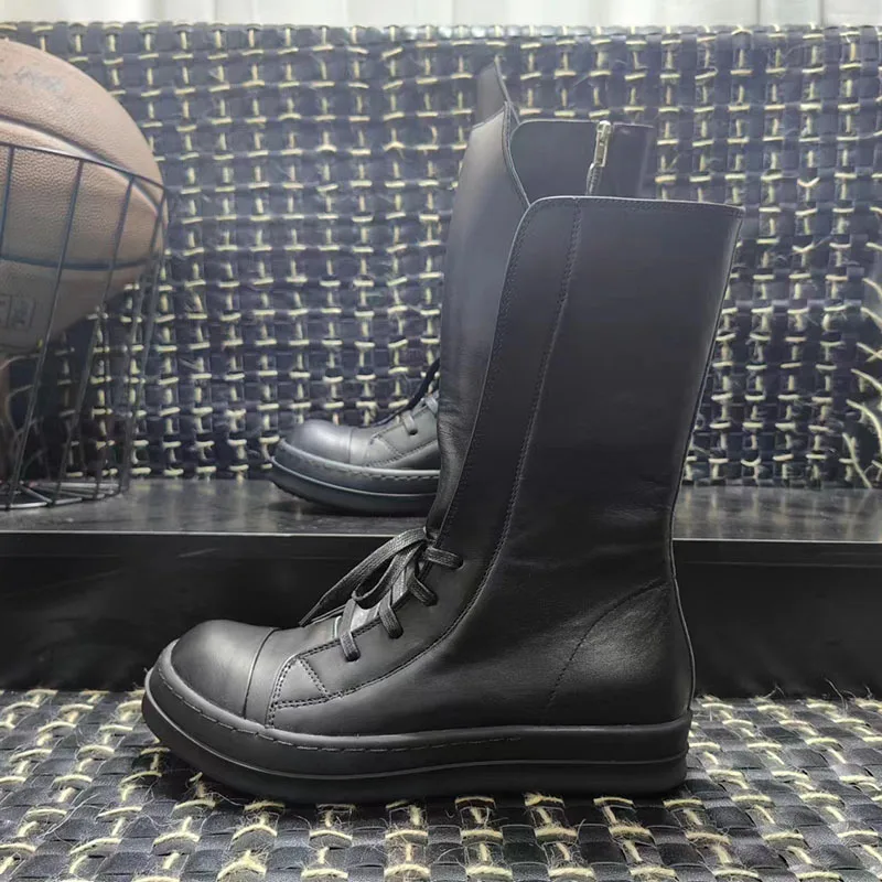 Men Genuine Leather Mid-Calf Boots Luxury Trainers Lovers High Top Boots Casual Lace-Up Zip Flats Hip Hop Male Shoes