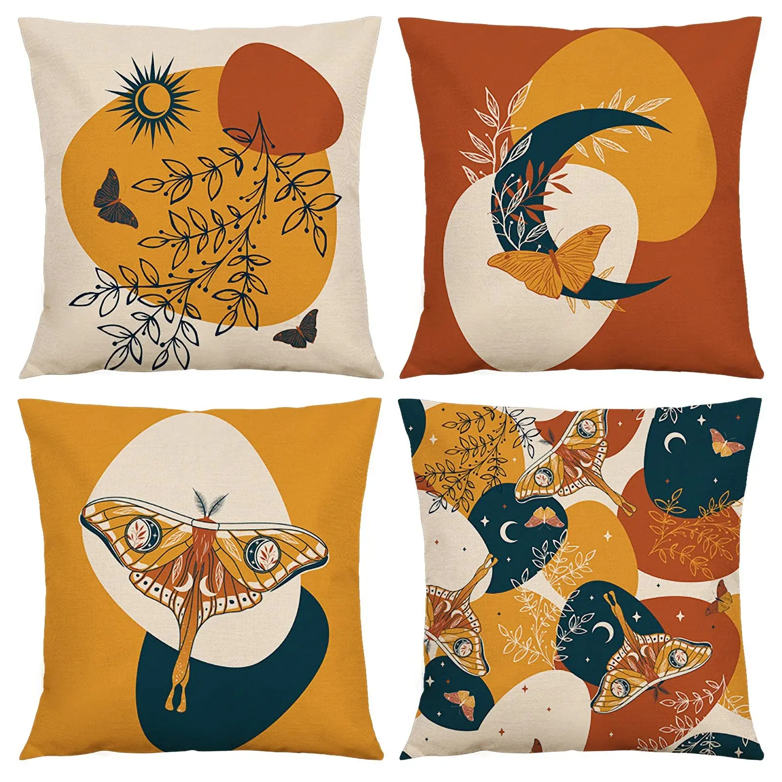 

Boho Abstract Throw Pillow Cover 18x18 Set of 4,Aesthetic Moon Moth Butterfly Plant Linen Pillow Cushion Cases,Rustic Home Decor