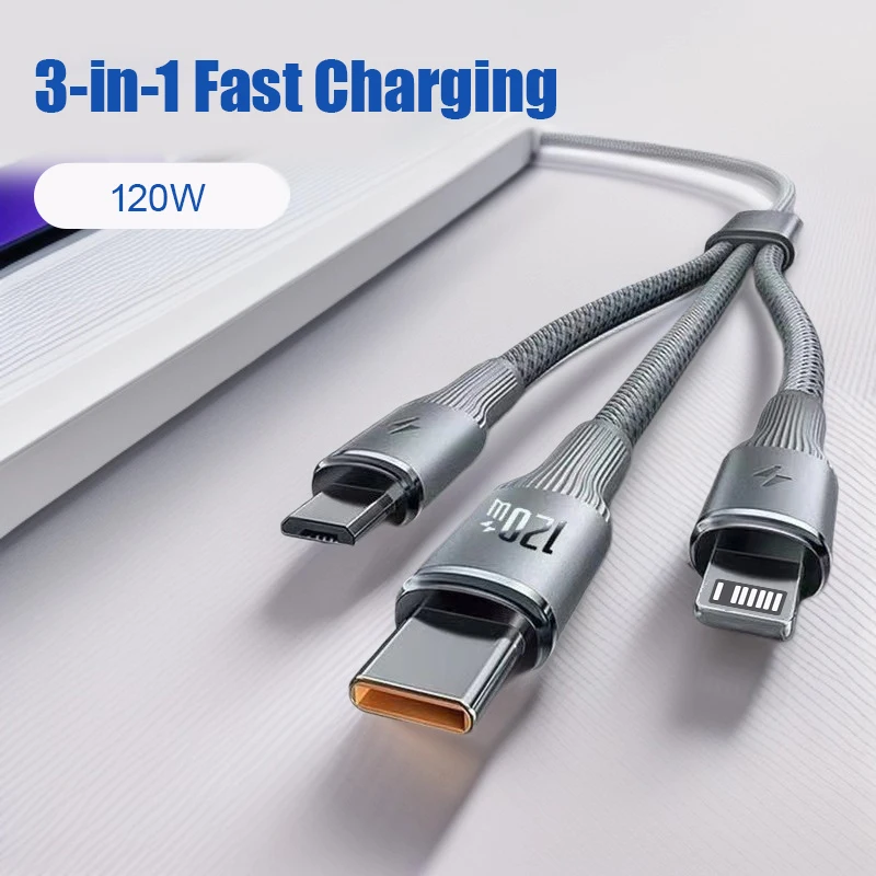 3 In 1 Fast Charging Cable 120W For Xiaomi iPhone Poco Micro USB Type C Charger Cable Cord Multiple Usb Charging Wire Line
