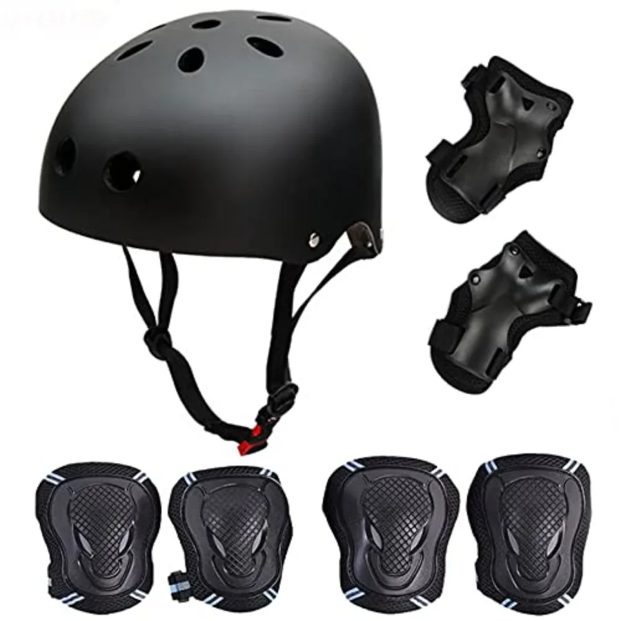 

Skateboard Protection Pads Set with Helmet for Youths BMX Cycling Rollerblading Black 6pcs Elbow Knee Wrist Pads Head M 20.5-22