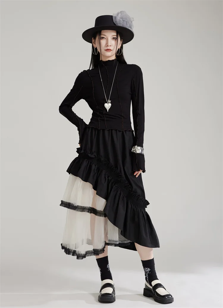 

Autumn New Irregular Cake Tulle Patchwork Skirt Women Sweet Midi Long High Waist A Line Elegant Skirt Female Mesh Party Skirt