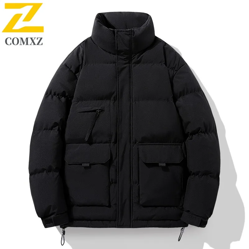 

COMXZ зимняя мужская однотонная свободная флисовая хлопковая куртка с воротником-стойкой, повседневная универсальная теплая куртка-пуховик, уличная уличная одежда 2025 ​