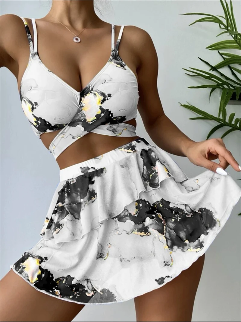 3 Colors) Marble Print Three Piece Sexy Bikini Swimsuit Beach Skirt Swimsuit Women Swimwear  Fashion Summer Beach Swimsuit