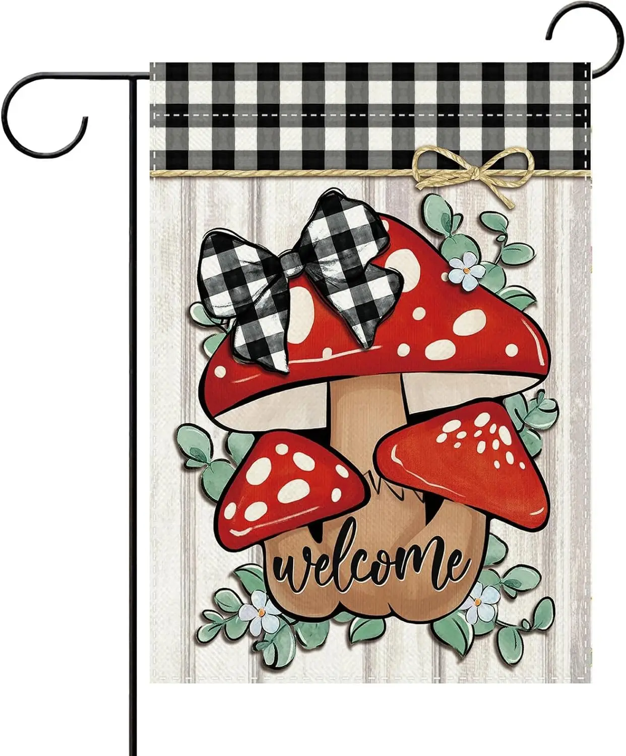 Welcome Mushroom Decorative Garden Flag, Spring Summer Plant Botanical Small Yard Outside Decorations, Buffalo Plaid Bow Far AAS