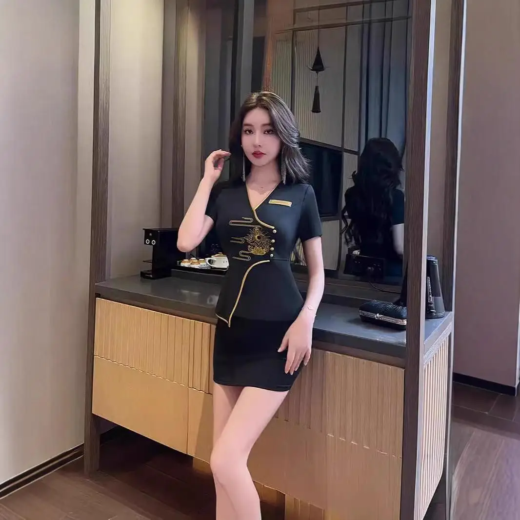 Dark Womens Work Clothes Set Hotel Waiter Beauty Hairdressing Spa Massage Nail Art Coffee Foot Bath Sauna Technician Dress