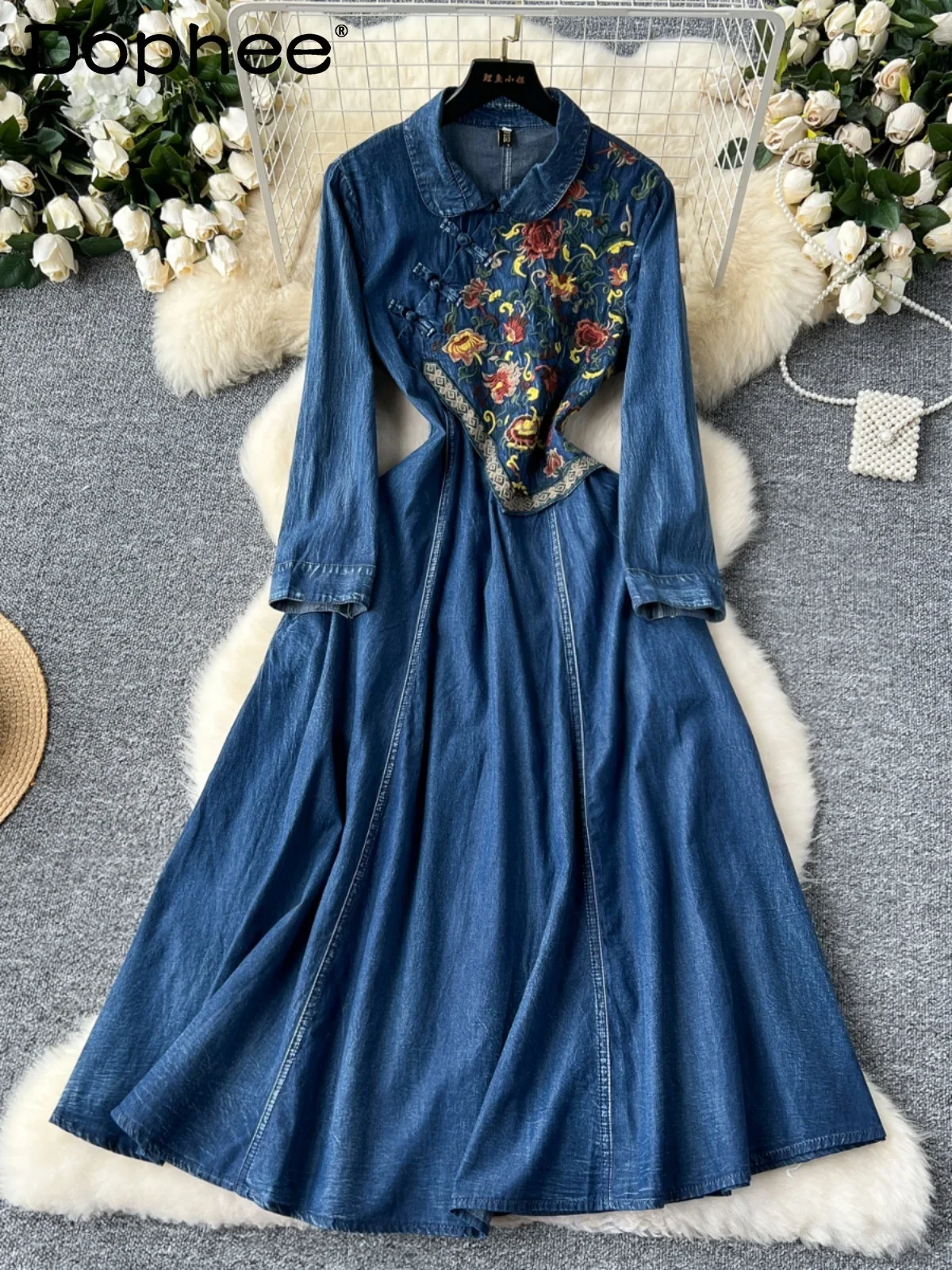 Retro Embroidery Buckle Luxury Temperament Long Dress for Women Autumn Chinese Style Polo Collar High Waist A Line Denim Dresses