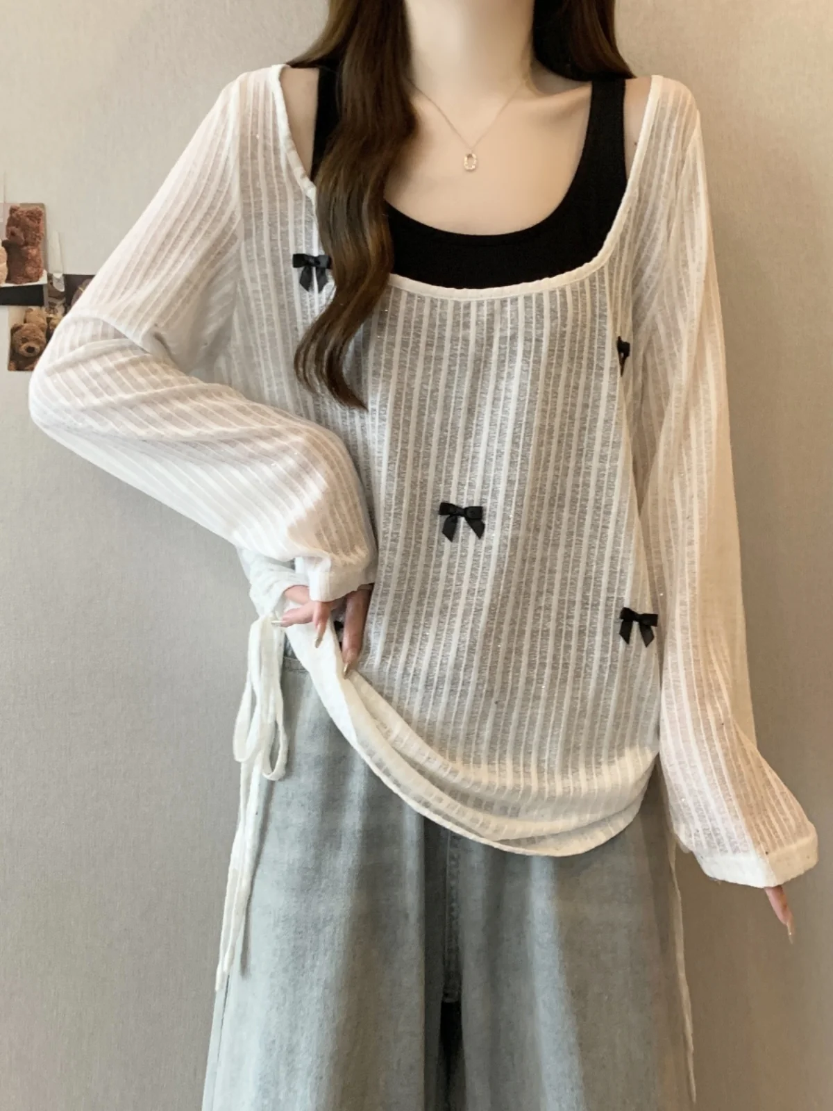 Summer Outfit Women's plus Size Micro Fat MM Slimming Meat Covering Sun Protection Shirt Top Strap Vest Two-Piece Set