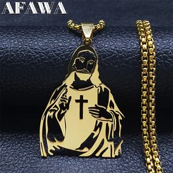 Stainless Steel Catholic Jesus Cross Pendant Necklace for Women Men Gold Color Holy Christian Chain Jewelry collar N7022S02