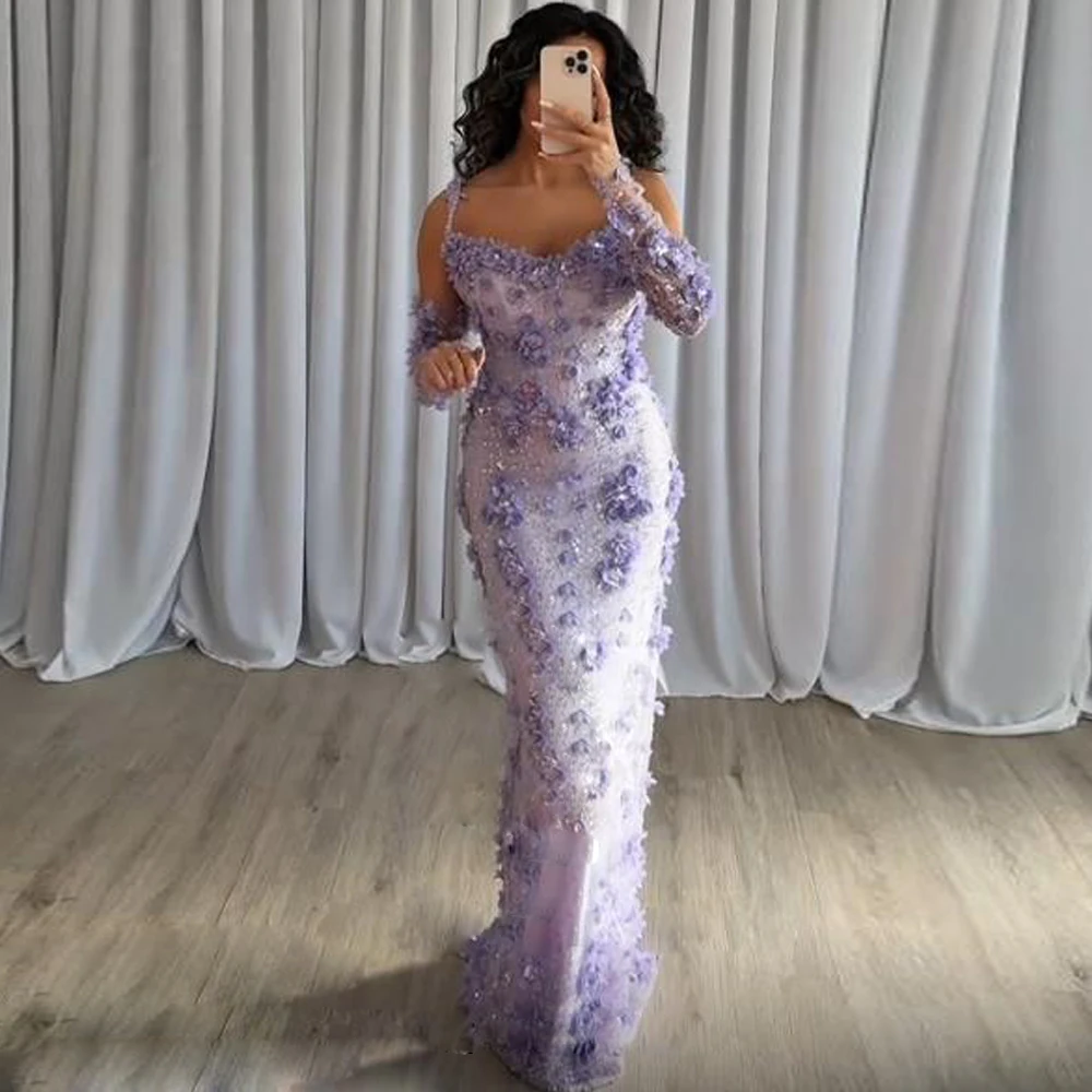 

Скромное кружевное вечернее платье с цветочным принтом по индивидуальному заказу, платья на тонких бретельках для особых случаев, платья русалки со съемными рукавами и бисером