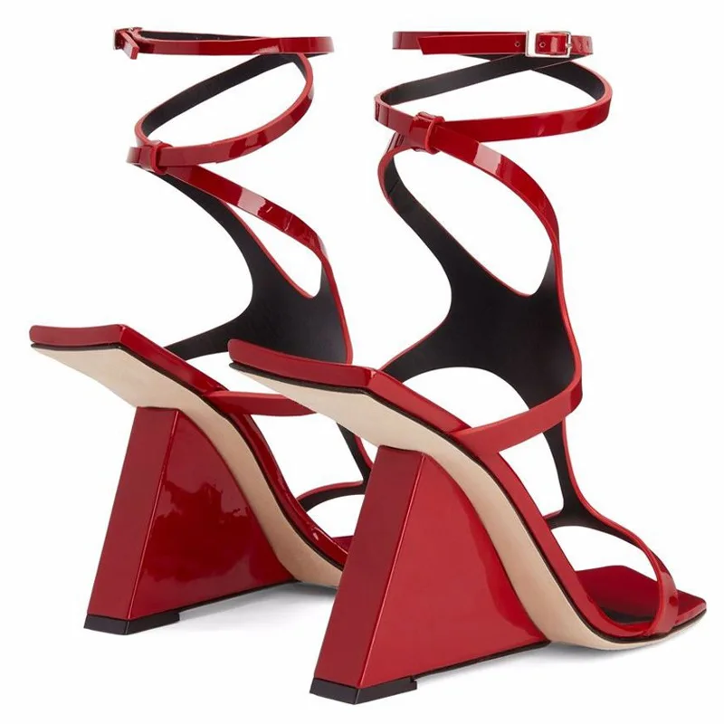 Sexy Open Toe Ankle Ring Strap Square Toe Patent Leather Slope Heel Sandals Women's Banquet Walking Dance Shoes