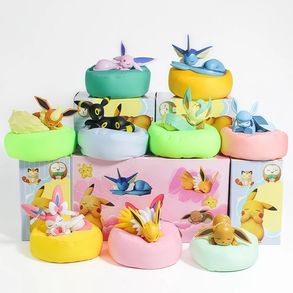 1-9 pièces Poké Mon Eevee en position couchée, figurine mini en PVC, boîte mystère, décoration de bureau et de voiture, jouets de collection, cadeau de Noël
