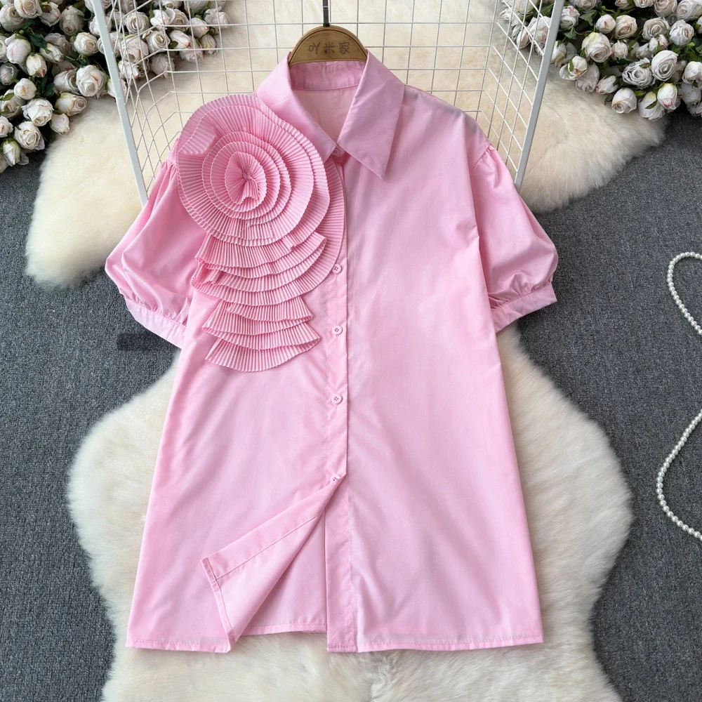 2024 Solid Summer Shirts&blouses 3D Flowers Vintage Korean Fashion Short Sleeve Women Tops Elegant Sweet Party Blusas Mujer