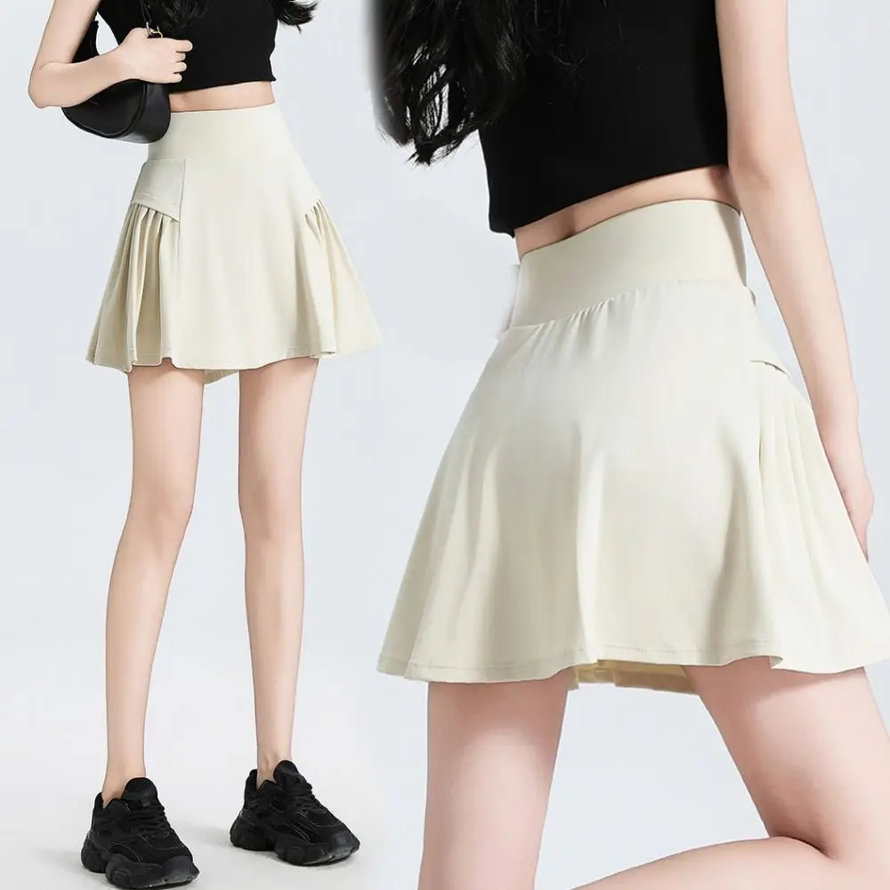 

Breathable High Waist Pleated Skirt Fake Two Pieces Anti-glare Sports Pants Skirt Fitness Clothes Solid Color