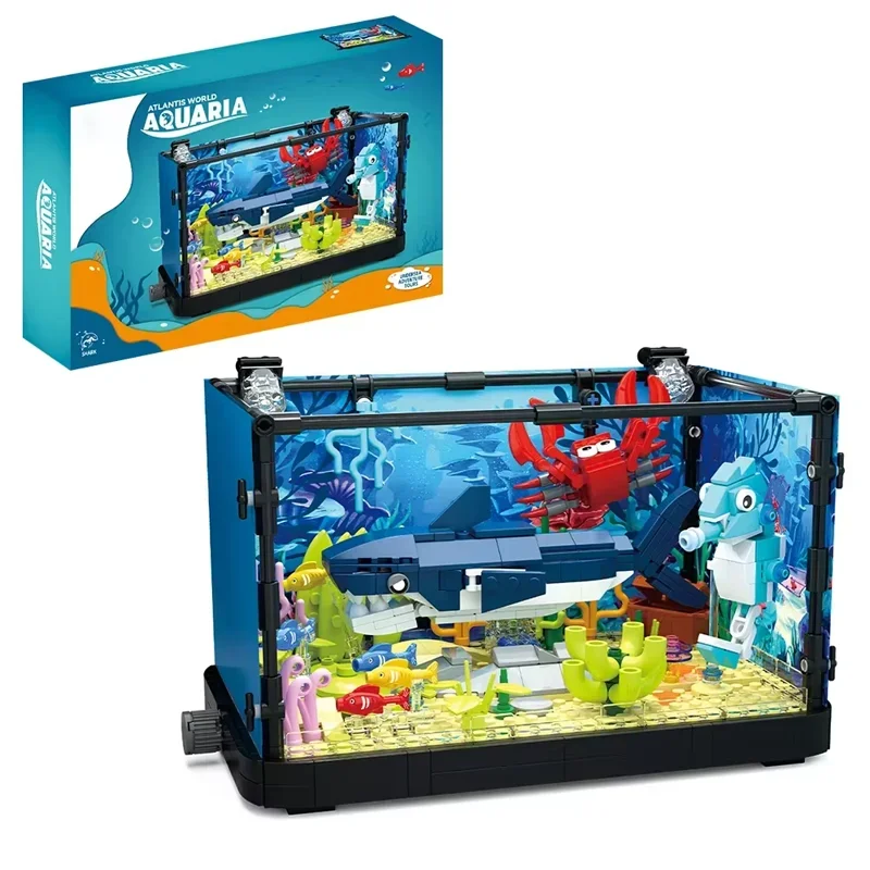 A fish tank construction kit with lights, MOC Ocean Aquarium marine animal building block toys, building block toy gifts