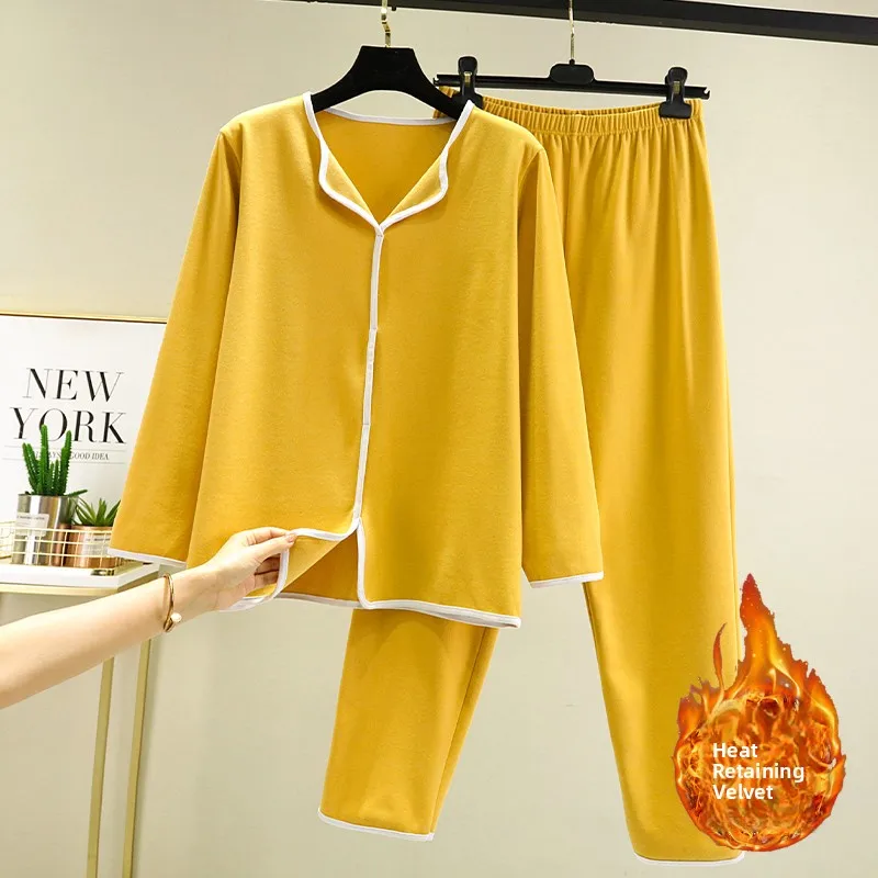 Women's Double-Sided Fleece Home Clothes Set Long Sleeve Thermal Loose Fit Sleepwear Pants And Top plus Size Two-Piece Set