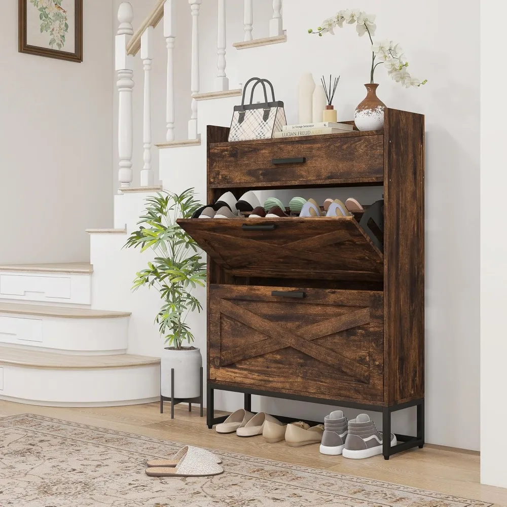 Shoe cabinet, industrial storage shoe cabinet with 2 flip-up drawers, adjustable shelves and top drawer, hidden shoe cabinet