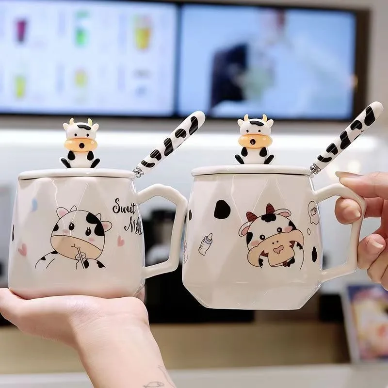 Ceramic Cute Cow Mug Coffee Cups Lids Spoons Children\'s Large-capacity Water Office Milk New Product Creative Home Drinkware