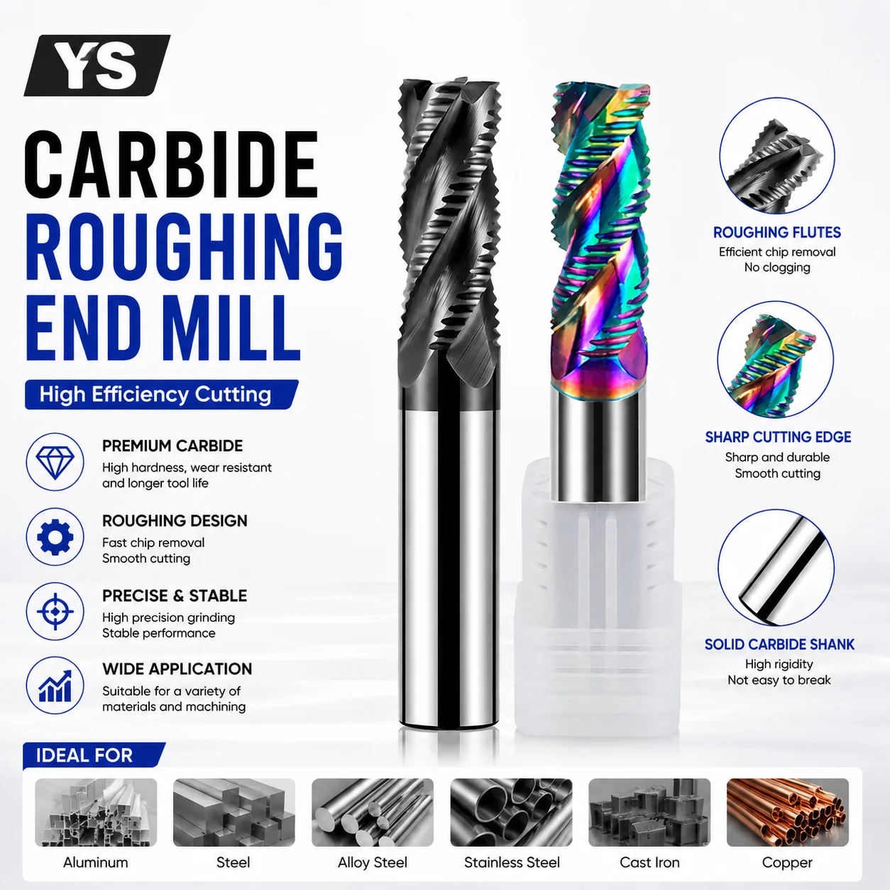 

YS Carbide Roughing End Mill HRC58 CNC Milling Cutter TiAIN Coated Wave Edge Router Bit for Steel Aluminum Metal Milling Tool