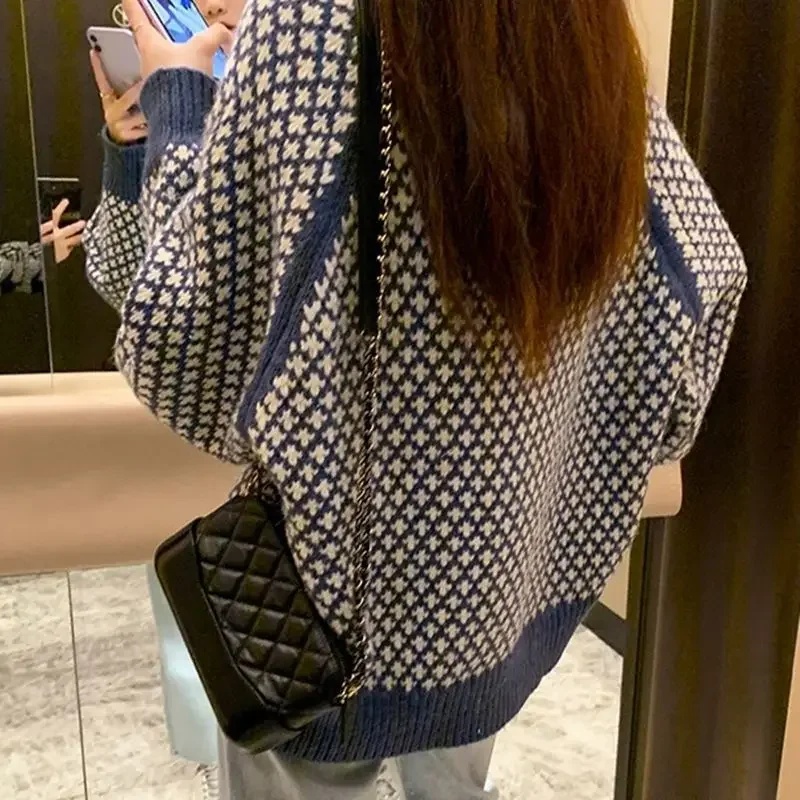 Women's Knit Cardigan: Vintage Print, Long Sleeve - close-up view
