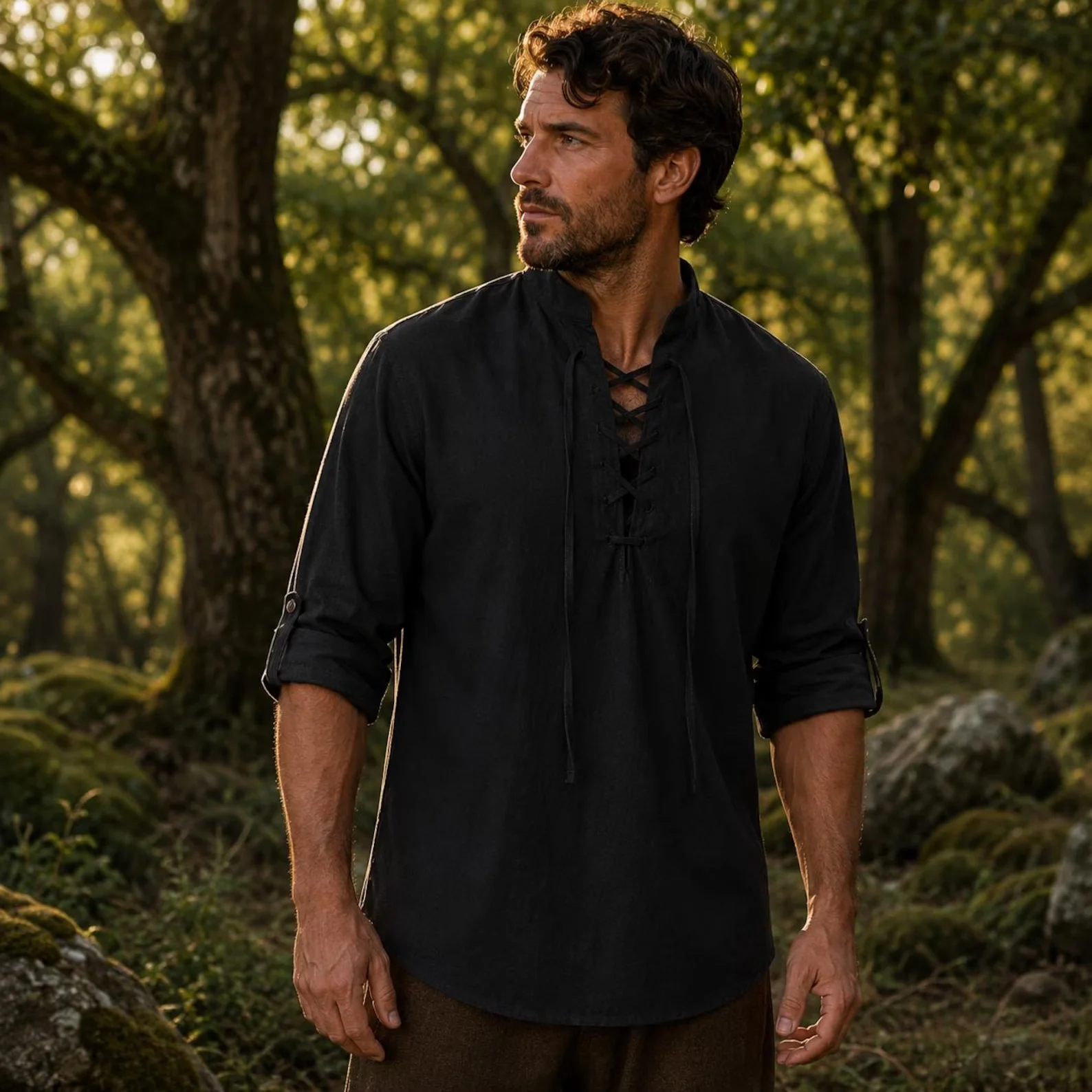 Men Retro Medieval Viking Lace‑Up V‑Neck Long‑Sleeve Shirt, Loose Renaissance Tops for Halloween LARP Party & Daily Wear