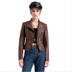 Chaqueta de cuero sintético con cremallera para mujer, abrigo corto ajustado con cuello vuelto, para motocicleta, para primavera y otoño, 2024