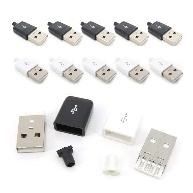 10Pcs USB Type A Connector Male 4 Pin Plug Socket With Black White Plastic Cover USB 2.0 Type-A Soldering DIY Kits