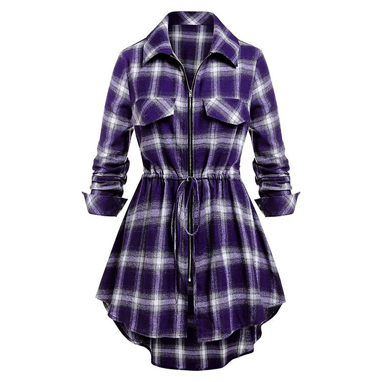 Women'S Vintage Plaid Zip Up Long Sleeve Mid Length Dress 2024 Spring And Autumn Women'S Fashion Polo Neck Waist Wrap Dress