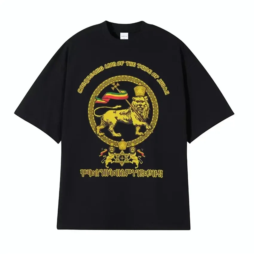

2025 New Fashion Trend Street Judas Lion Print T-shirt Retro Loose Individual Casual and Sporty Pure Cotton Men's T-shirt
