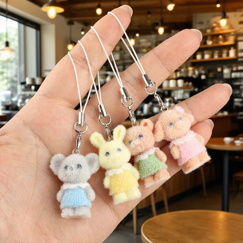4pcs New Design Flocking Resin Plush Anime Rabbit Mobile Phone Charms Lovely Keychains Lanyard Backpack Decoration Phone Strap